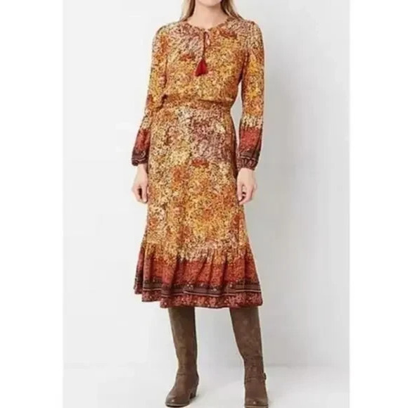 Frye Dresses & Skirts - Frye & Co Fall Brown Orange Midi Long Sleeve Dress XL Western Boho Smock Ruffle